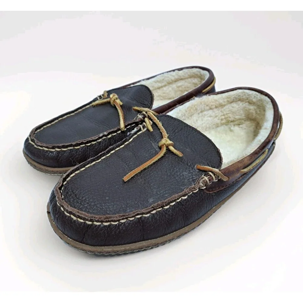 LL Bean Men's 8 Wicked Good Leather Shearling Moccasin Brown Slippers